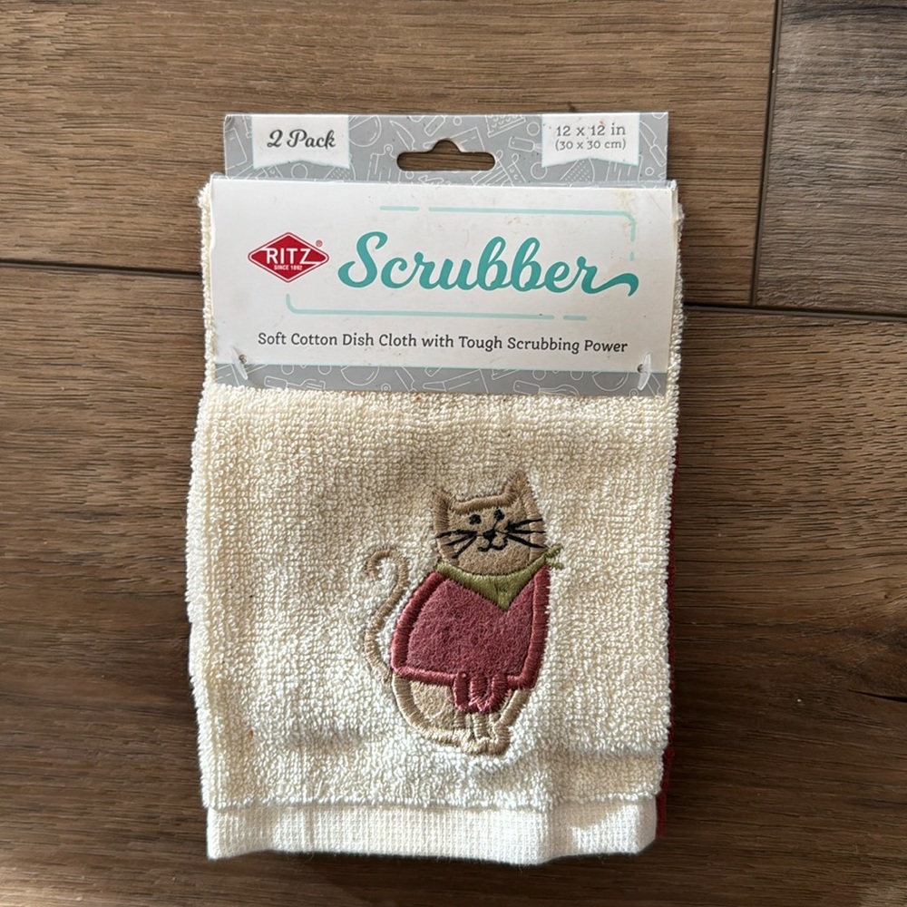 Ritz Scrubber cat 2 pack soft cotton dish cloth with tough scrubber white / rust